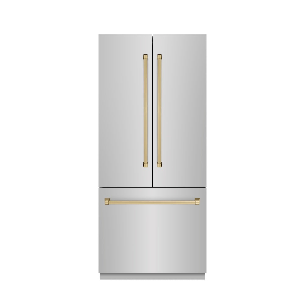 ZLINE Autograph Edition 36 in. 19.6 cu. ft. French Door Built-In Bottom Freezer Refrigerator with Water Dispenser and Ice Maker in Stainless Steel with Graphite Gray Interior and Champagne Bronze Accents (GRBIVZ-304-36CB)