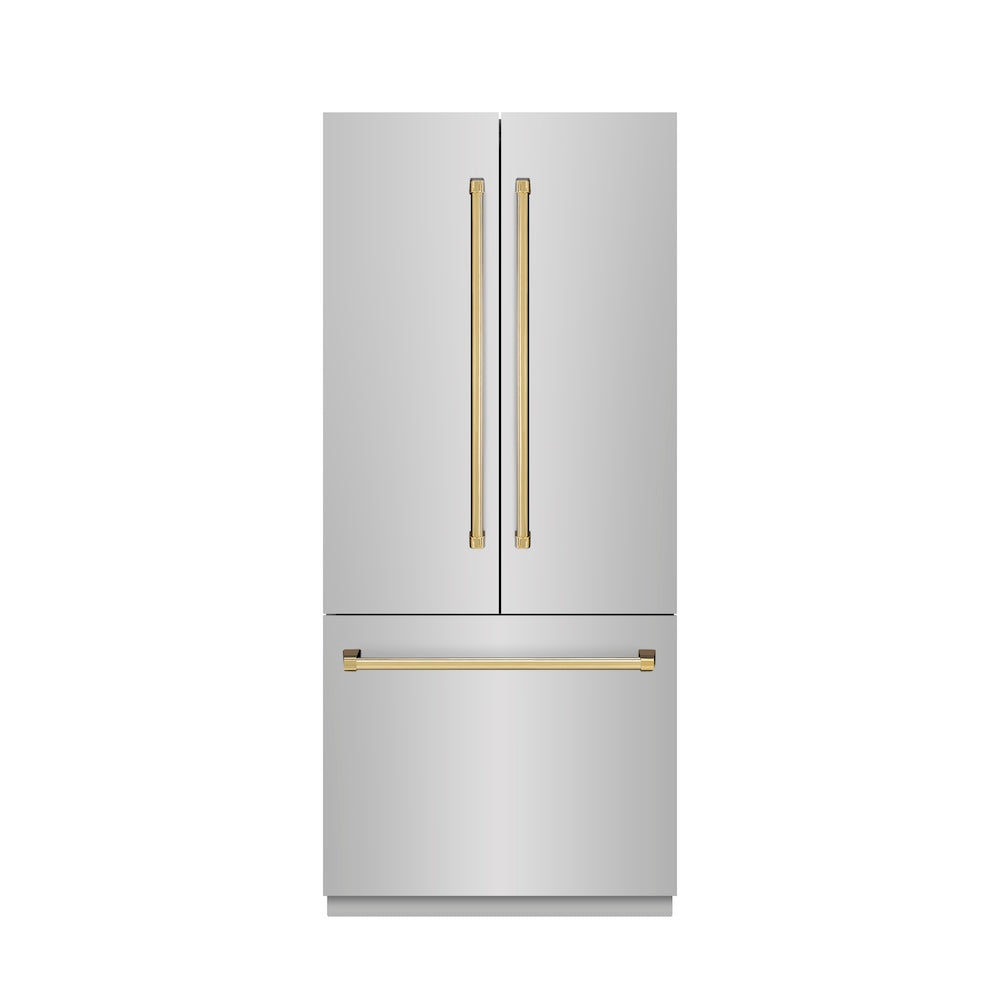 ZLINE Autograph Edition 36 in. 19.6 cu. ft. French Door Built-In Bottom Freezer Refrigerator with Water Dispenser and Ice Maker in Stainless Steel with Graphite Gray Interior and Polished Gold Accents (GRBIVZ-304-36G)