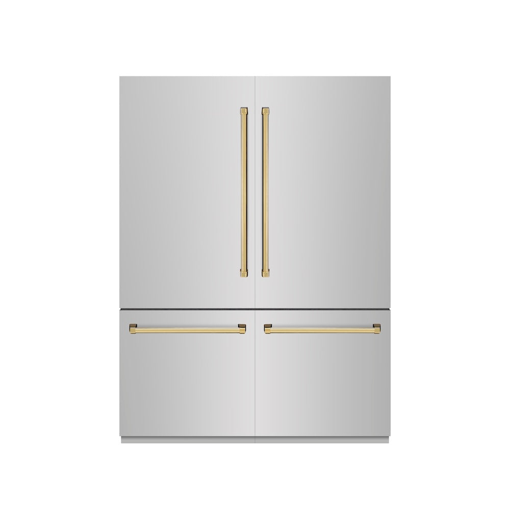 ZLINE Autograph Edition 60 in. 32.2 cu. ft. French Door Built-In Bottom Freezer Refrigerator with Water Dispenser and Ice Maker in Stainless Steel with Graphite Gray Interior and Polished Gold Accents (GRBIVZ-304-60G)