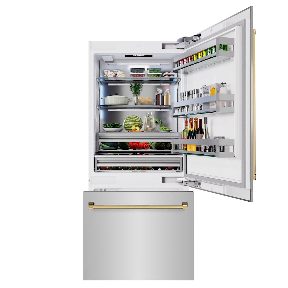 ZLINE Autograph Edition 36 in. 19.8 cu. ft. Built-In Bottom Freezer Refrigerator with Water Dispenser and Ice Maker in Stainless Steel with Polished Gold Accents (RBITZ-304-36G)