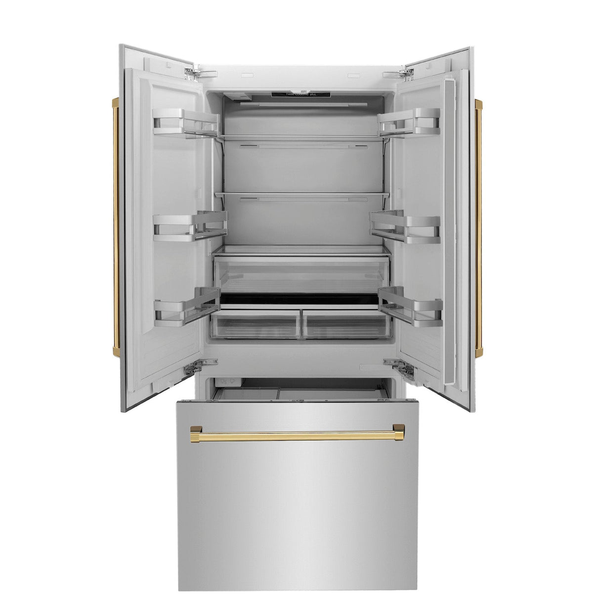 ZLINE Autograph Edition 36 in. 19.6 cu. ft. French Door Built-In Bottom Freezer Refrigerator with Water Dispenser and Ice Maker in Stainless Steel with Polished Gold Accents (RBIVZ-304-36-G)