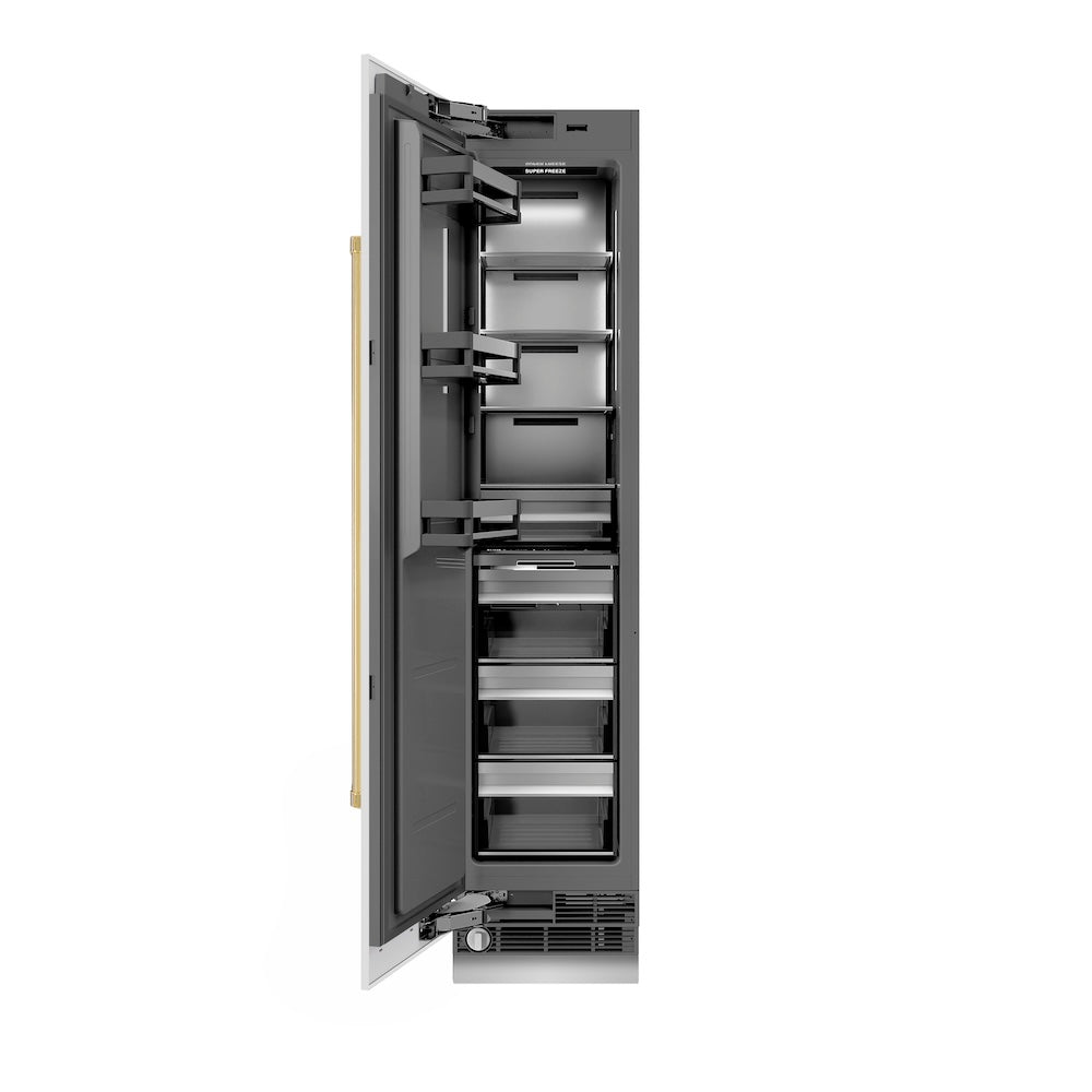 ZLINE Autograph Edition 18 in. 8.6 cu. ft. Left Hinge Column Freezer in White Matte with Graphite Gray Interior and Polished Gold Accents (RCFVLZ-WM-18-G)