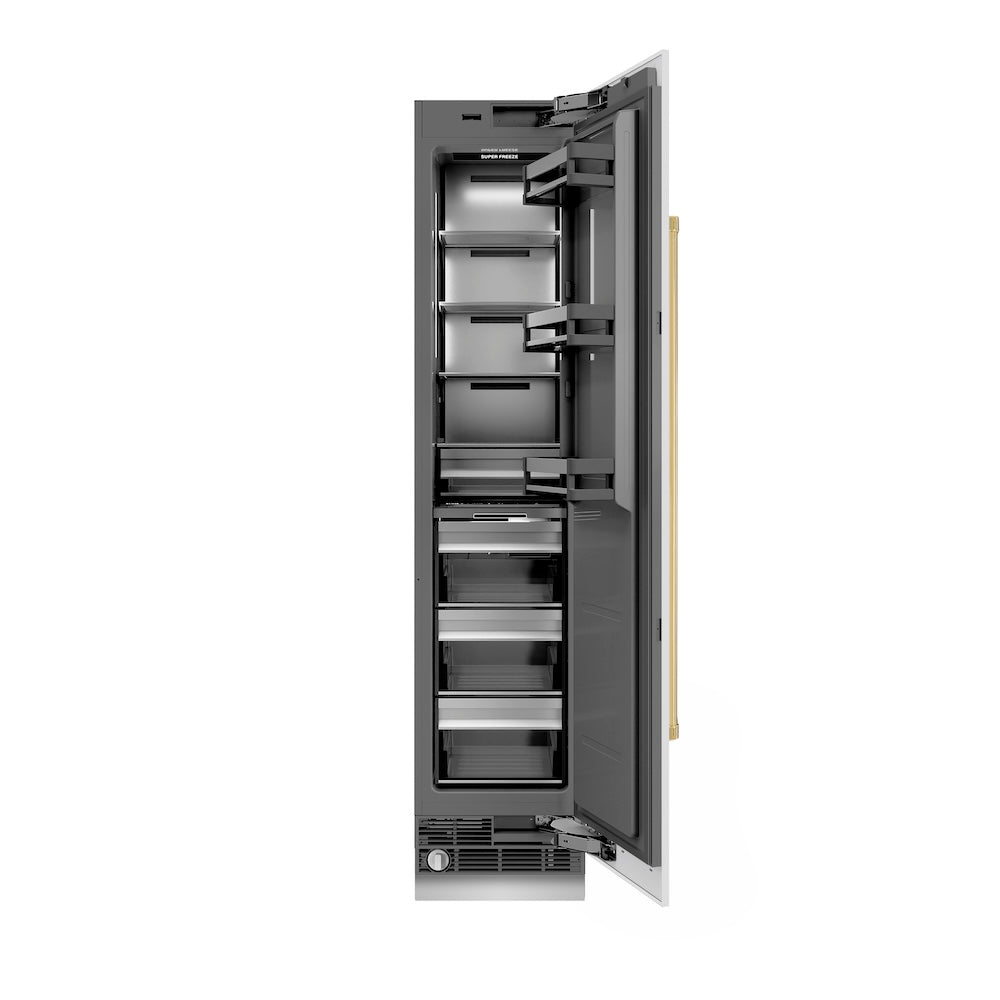 ZLINE Autograph Edition 18 in. 8.6 cu. ft. Right Hinge Column Freezer in White Matte with Graphite Gray Interior and Polished Gold Accents (RCFVRZ-WM-18-G)