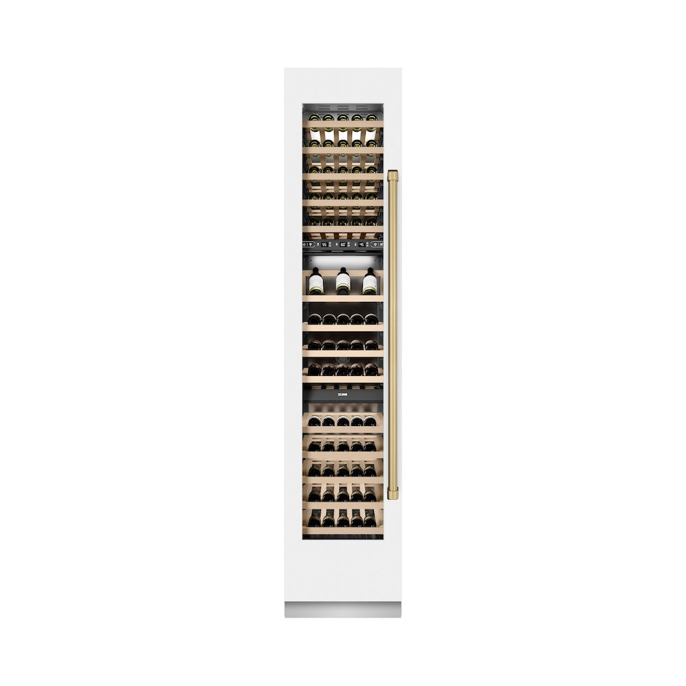 ZLINE Autograph Edition 18 in. 9.0 cu. ft. Triple Zone 68 Bottle Left Hinge Column Wine Cooler in White Matte with Champagne Bronze Accents (RCWVLZ-WM-18-CB)