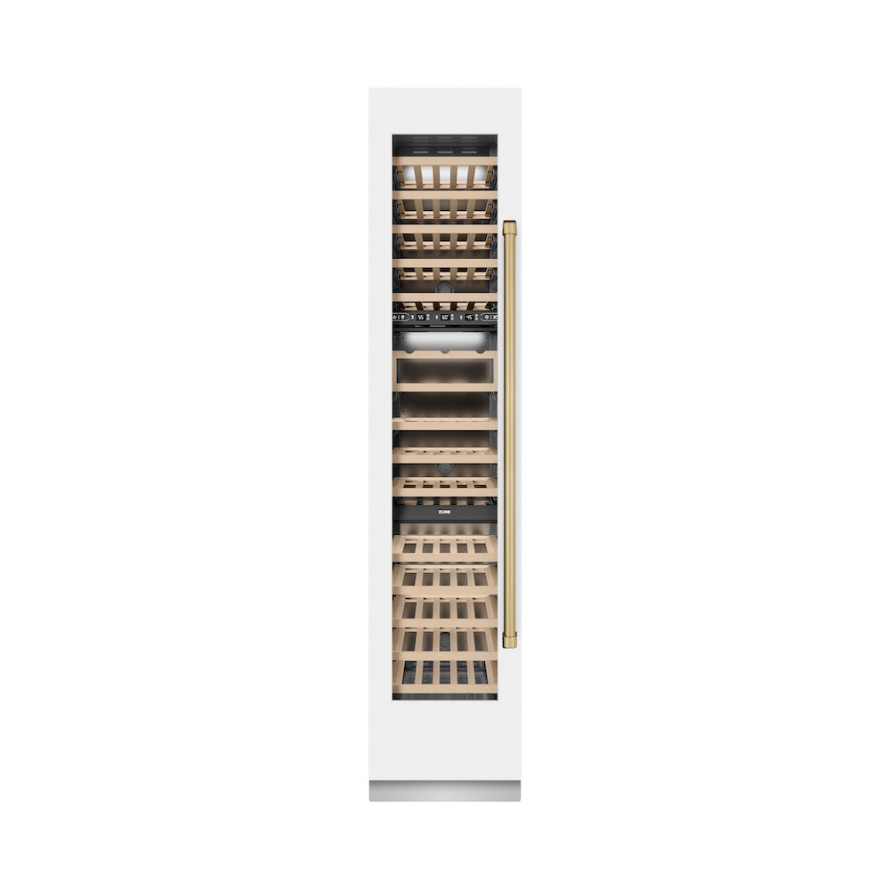ZLINE Autograph Edition 18 in. 9.0 cu. ft. Triple Zone 68 Bottle Left Hinge Column Wine Cooler in White Matte with Champagne Bronze Accents (RCWVLZ-WM-18-CB)