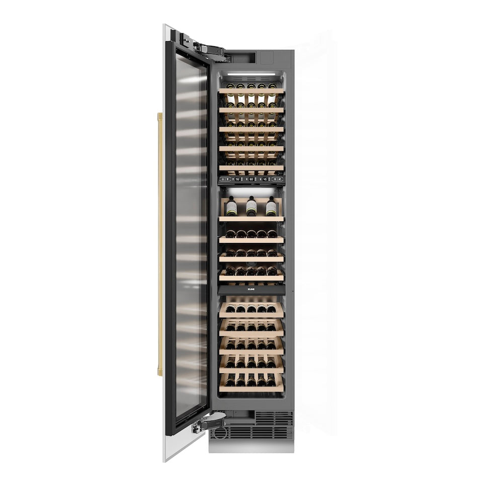 ZLINE Autograph Edition 18 in. 9.0 cu. ft. Triple Zone 68 Bottle Left Hinge Column Wine Cooler in White Matte with Polished Gold Accents (RCWVLZ-WM-18-G)