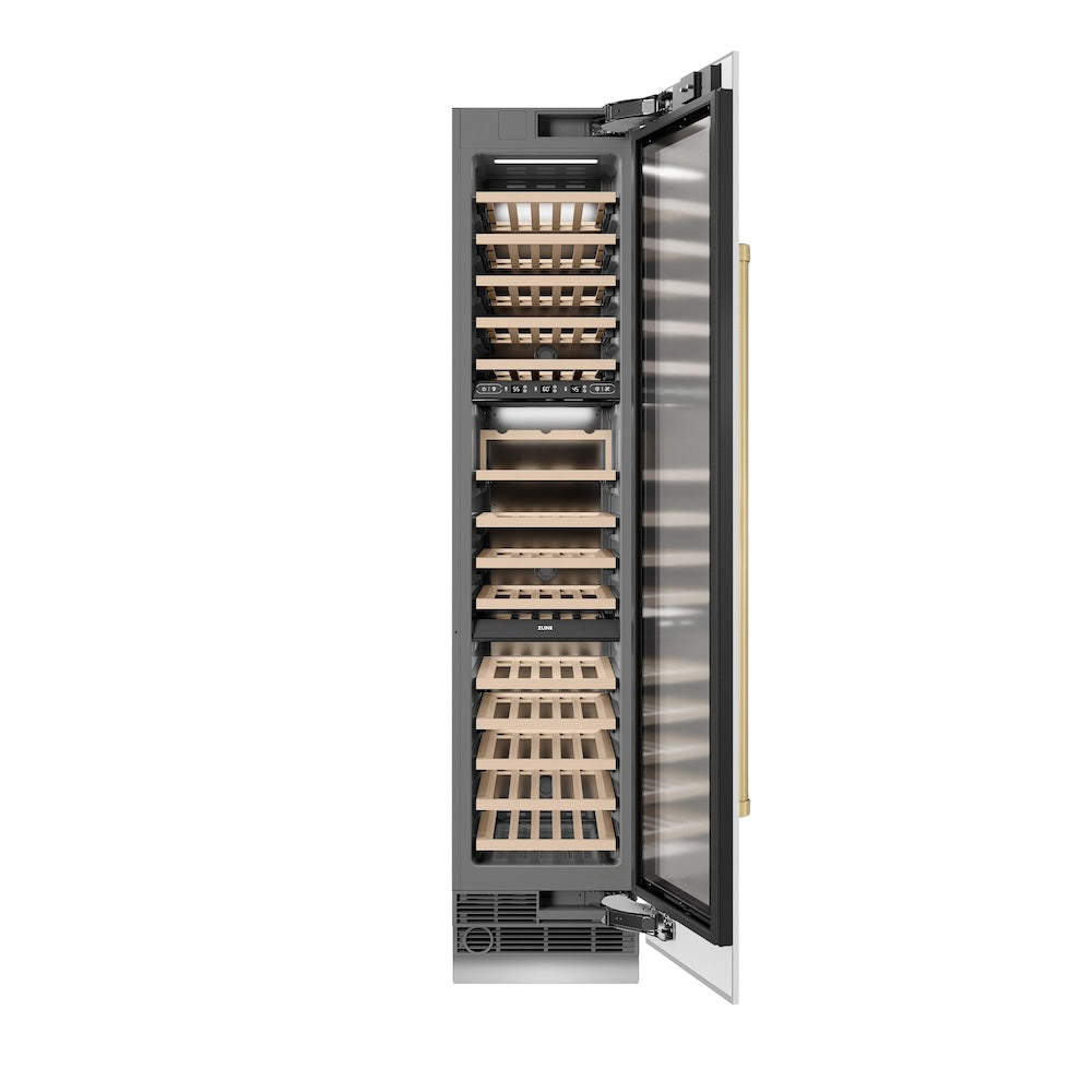 ZLINE Autograph Edition 18 in. 9.0 cu. ft. Triple Zone 68 Bottle Right Hinge Column Wine Cooler in White Matte with Champagne Bronze Accents (RCWVRZ-WM-18-CB)