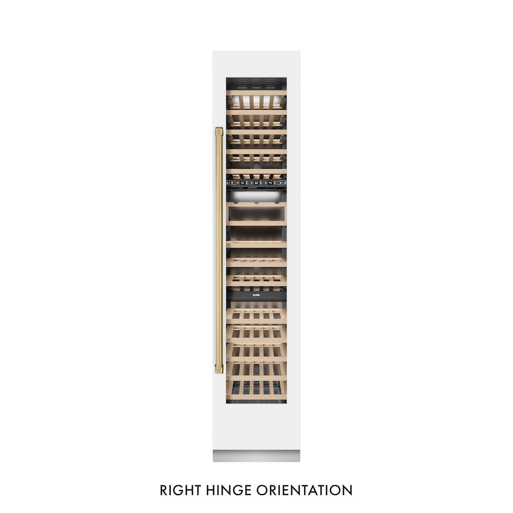 ZLINE Autograph Edition 18 in. 9.0 cu. ft. Triple Zone 68 Bottle Right Hinge Column Wine Cooler in White Matte with Polished Gold Accents (RCWVRZ-WM-18-G)