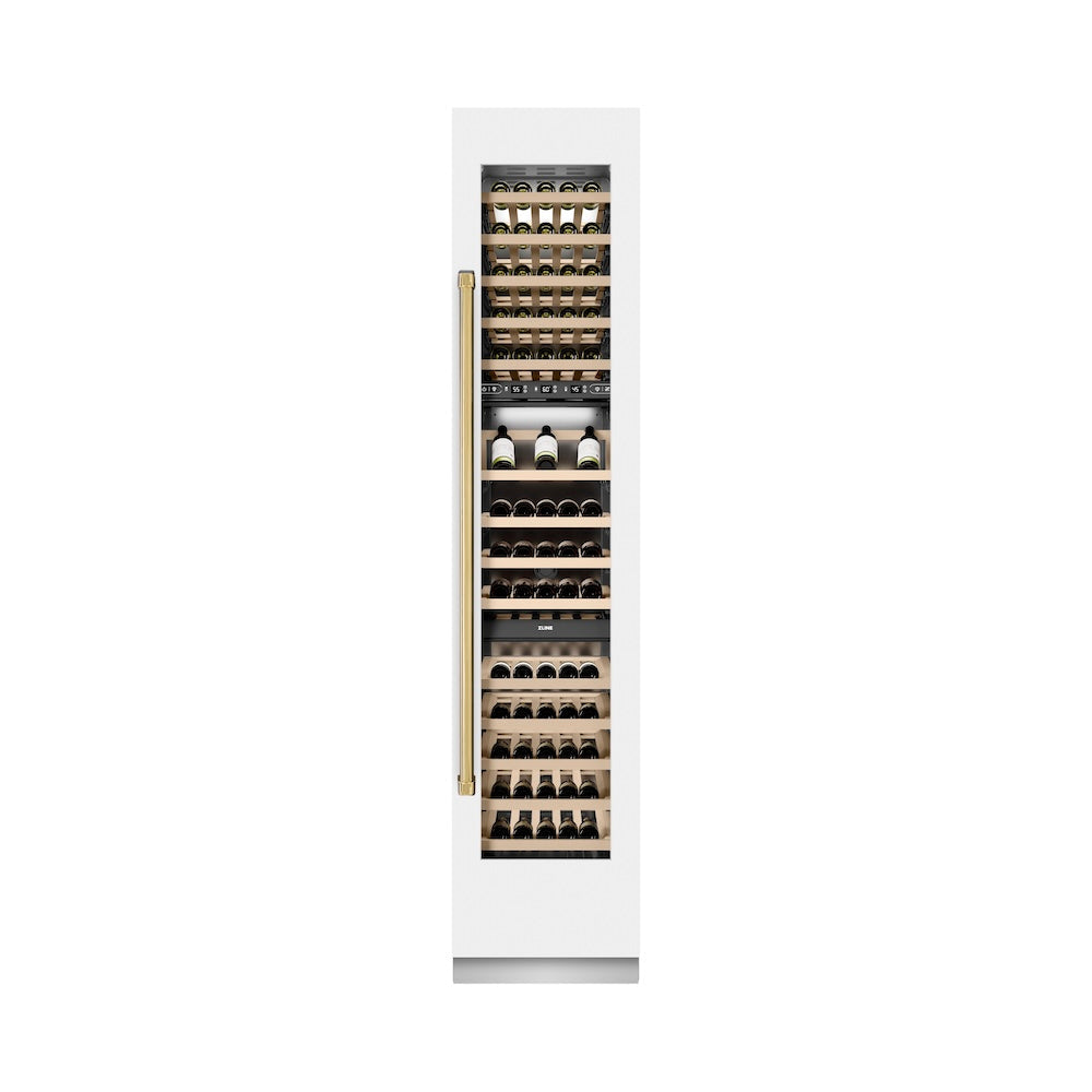 ZLINE Autograph Edition 18 in. 9.0 cu. ft. Triple Zone 68 Bottle Right Hinge Column Wine Cooler in White Matte with Polished Gold Accents (RCWVRZ-WM-18-G)