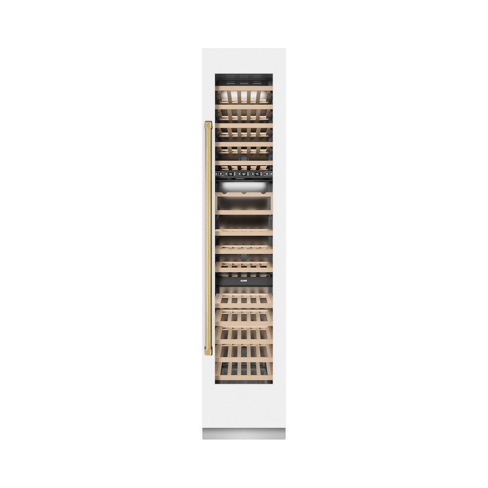 ZLINE Autograph Edition 18 in. 9.0 cu. ft. Triple Zone 68 Bottle Right Hinge Column Wine Cooler in White Matte with Polished Gold Accents (RCWVRZ-WM-18-G)
