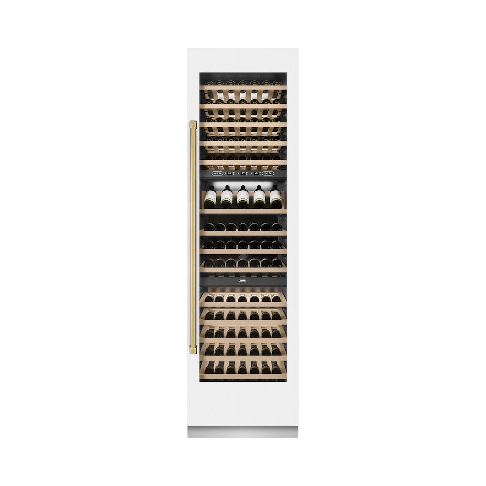 ZLINE Autograph Edition 24 in. 12.4 cu. ft. Triple Zone 100 Bottle Column Wine Cooler in White Matte and Polished Gold Accents (RCWVZ-WM-24-G)