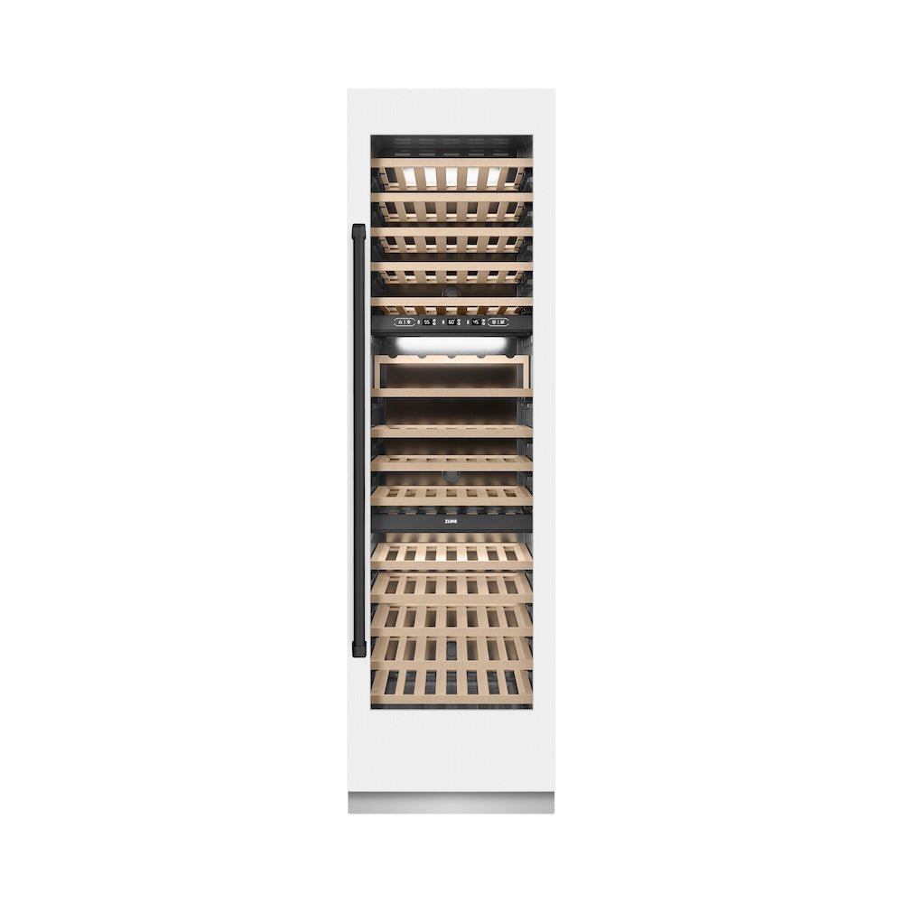 ZLINE Autograph Edition 24 in. 12.4 cu. ft. Triple Zone 100 Bottle Column Wine Cooler in White Matte and Matte Black Accents (RCWVZ-WM-24-MB)