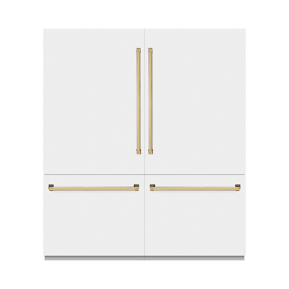ZLINE Autograph Edition 72 in. 39.6 cu. ft. French Door Built-In Bottom Freezer Refrigerator with Water Dispensers and Ice Makers in White Matte with Graphite Gray Interior and Polished Gold Accents (GRBITZ-WM-72-G)