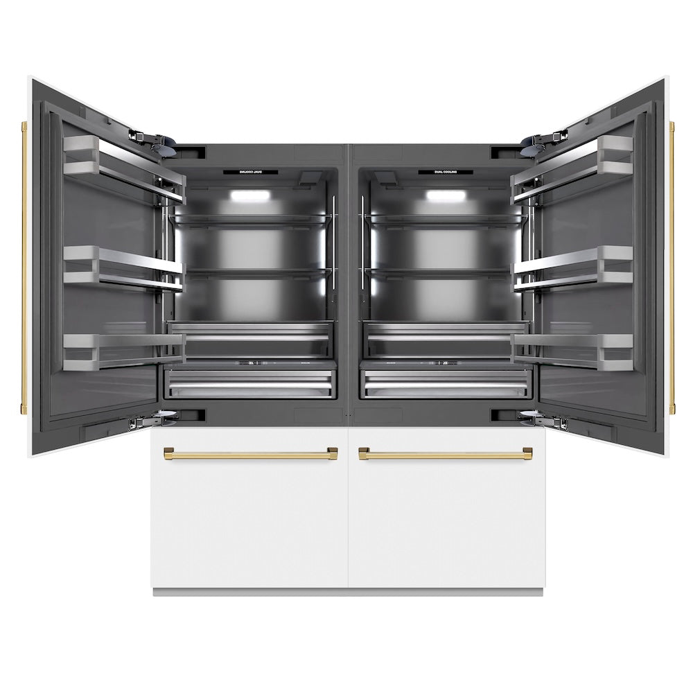ZLINE Autograph Edition 72 in. 39.6 cu. ft. French Door Built-In Bottom Freezer Refrigerator with Water Dispensers and Ice Makers in White Matte with Graphite Gray Interior and Polished Gold Accents (GRBITZ-WM-72-G)