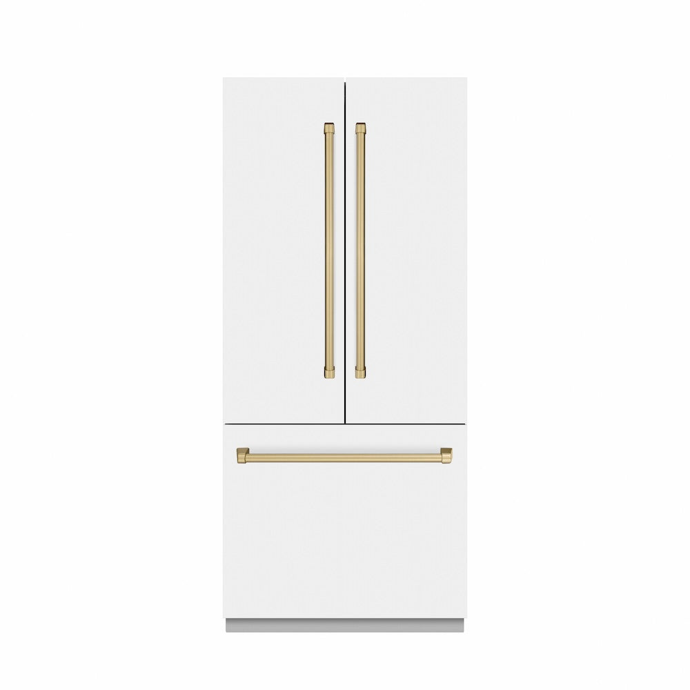 ZLINE Autograph Edition 36 in. 19.6 cu. ft. French Door Built-In Bottom Freezer Refrigerator with Water Dispenser and Ice Maker in White Matte with Graphite Gray Interior and Champagne Bronze Accents (GRBIVZ-WM-36-CB)
