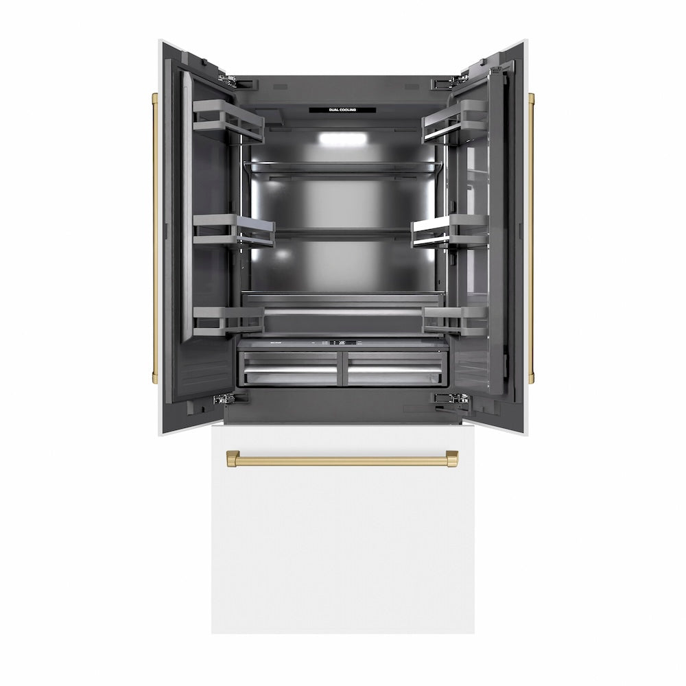 ZLINE Autograph Edition 36 in. 19.6 cu. ft. French Door Built-In Bottom Freezer Refrigerator with Water Dispenser and Ice Maker in White Matte with Graphite Gray Interior and Champagne Bronze Accents (GRBIVZ-WM-36-CB)