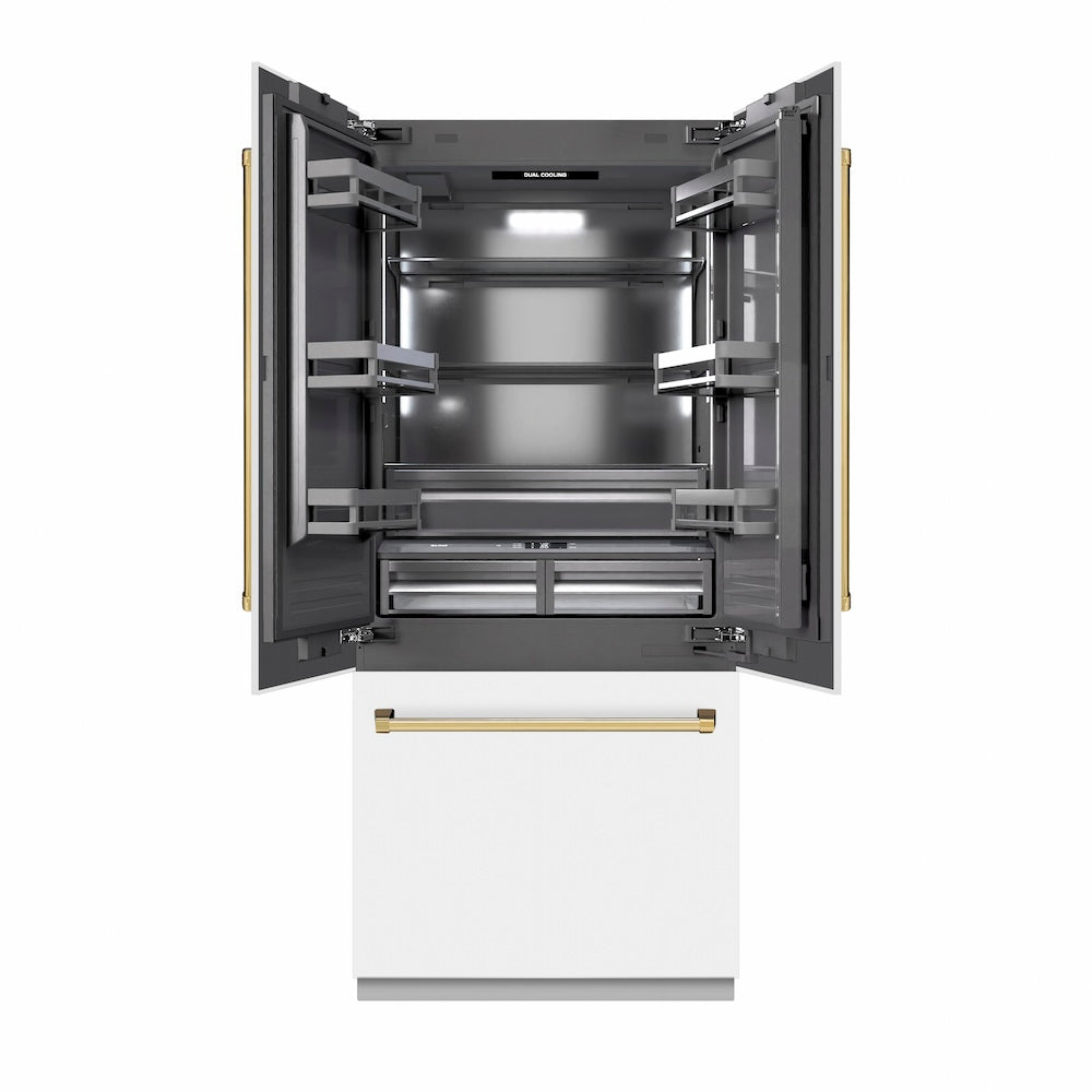 ZLINE Autograph Edition 36 in. 19.6 cu. ft. French Door Built-In Bottom Freezer Refrigerator with Water Dispenser and Ice Maker in White Matte with Graphite Gray Interior and Polished Gold Accents (GRBIVZ-WM-36-G)