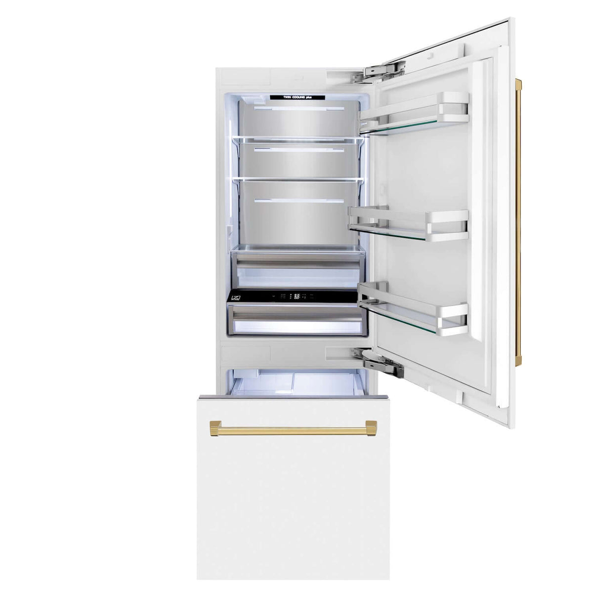 ZLINE Autograph Edition 30 in. 16.1 cu. ft. Built-In Bottom Freezer Refrigerator with Water Dispenser and Ice Maker in White Matte with Polished Gold Accents (RBIVZ-WM-30-G)