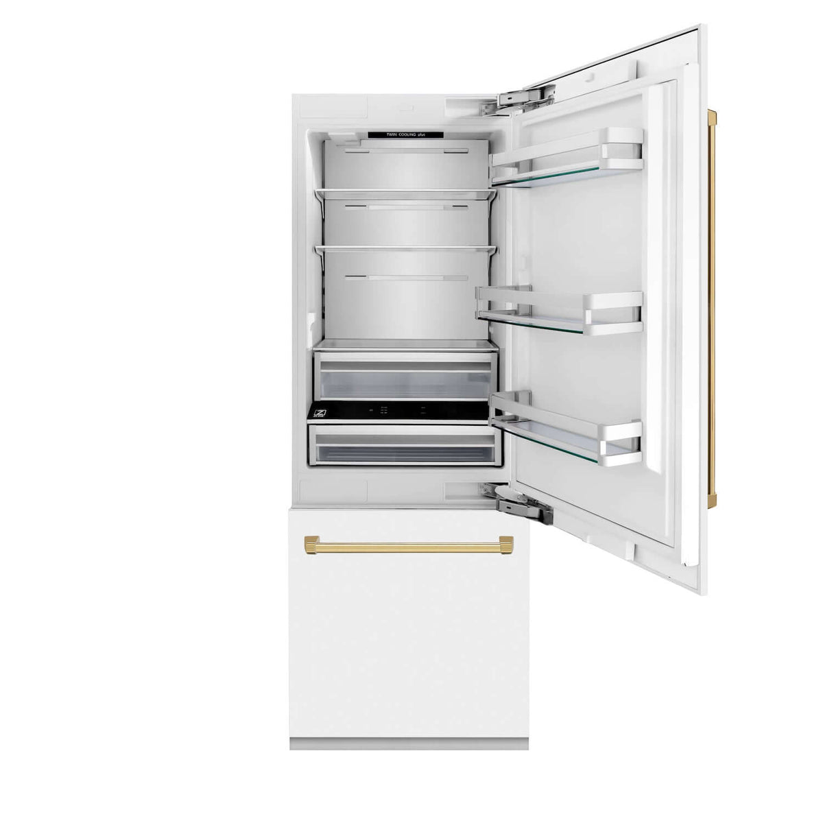 ZLINE Autograph Edition 30 in. 16.1 cu. ft. Built-In Bottom Freezer Refrigerator with Water Dispenser and Ice Maker in White Matte with Polished Gold Accents (RBIVZ-WM-30-G)