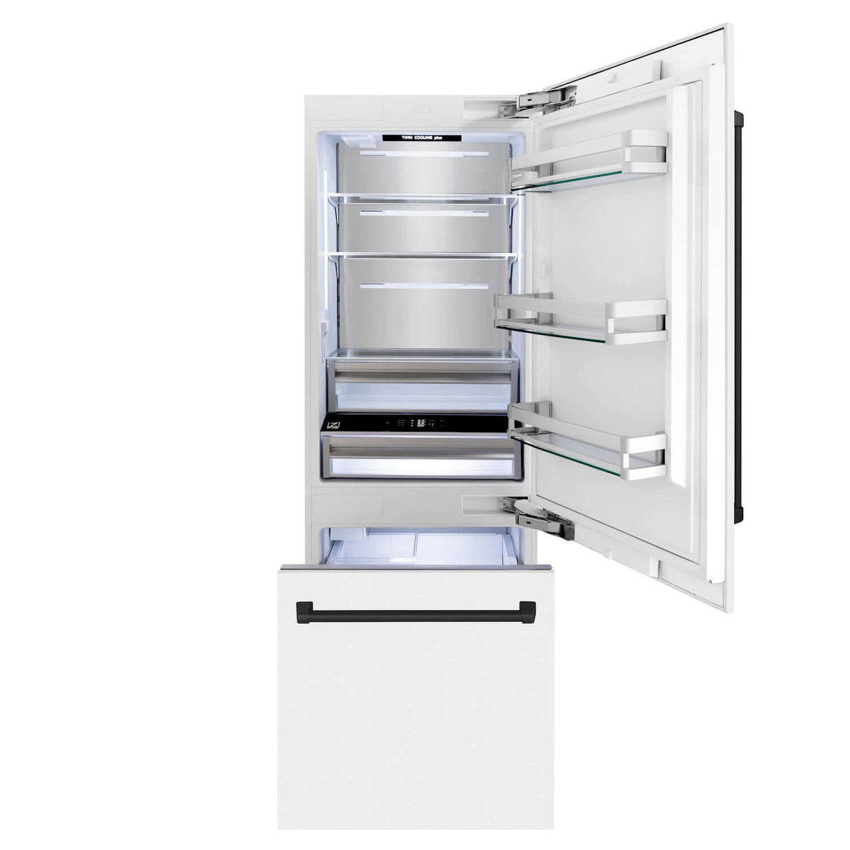 ZLINE Autograph Edition 30 in. 16.1 cu. ft. Built-In Bottom Freezer Refrigerator with Water Dispenser and Ice Maker in White Matte with Matte Black Accents (RBIVZ-WM-30-MB)