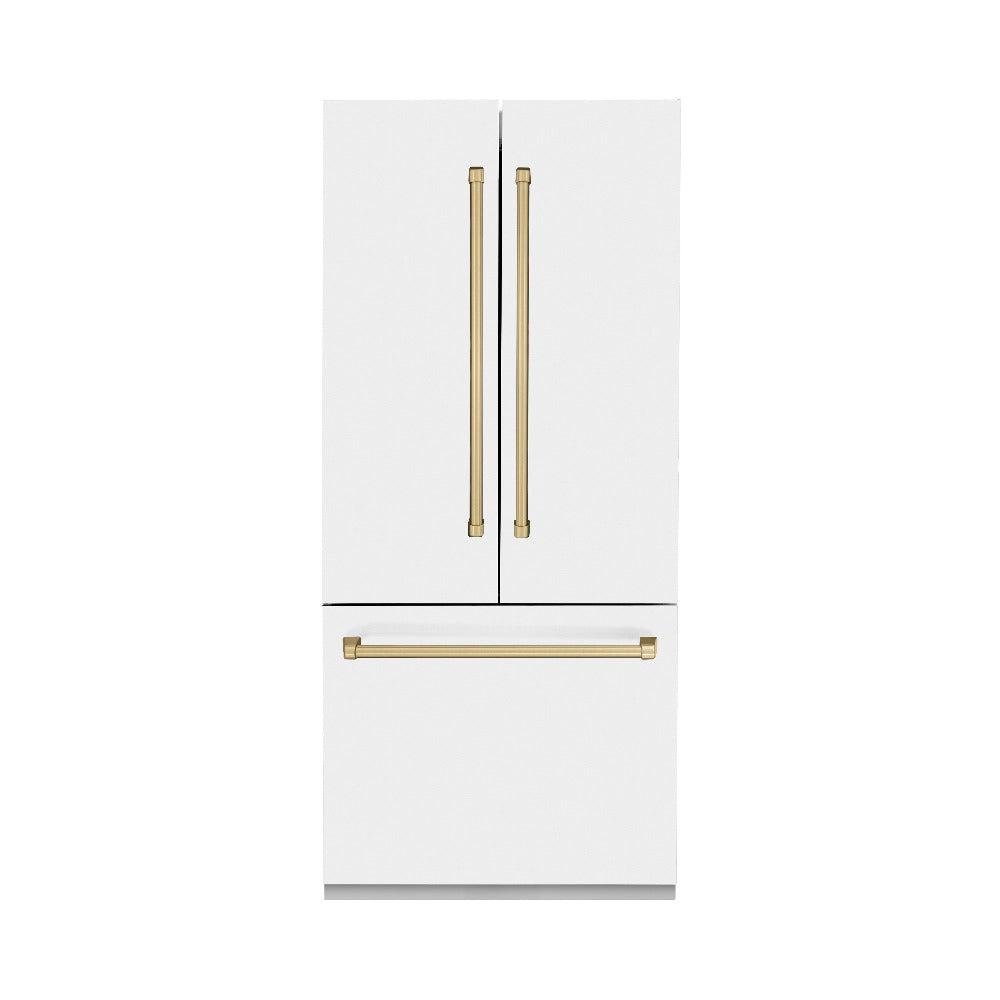ZLINE Autograph Edition 36 in. 19.6 cu. ft. French Door Built-In Bottom Freezer Refrigerator with Water Dispenser and Ice Maker in White Matte with Champagne Bronze Accents (RBIVZ-WM-36-CB)