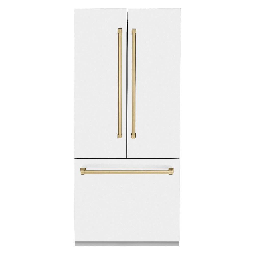 ZLINE Autograph Edition 36 in. 19.6 cu. ft. French Door Built-In Bottom Freezer Refrigerator with Water Dispenser and Ice Maker in White Matte with Champagne Bronze Accents (RBIVZ-WM-36-CB)