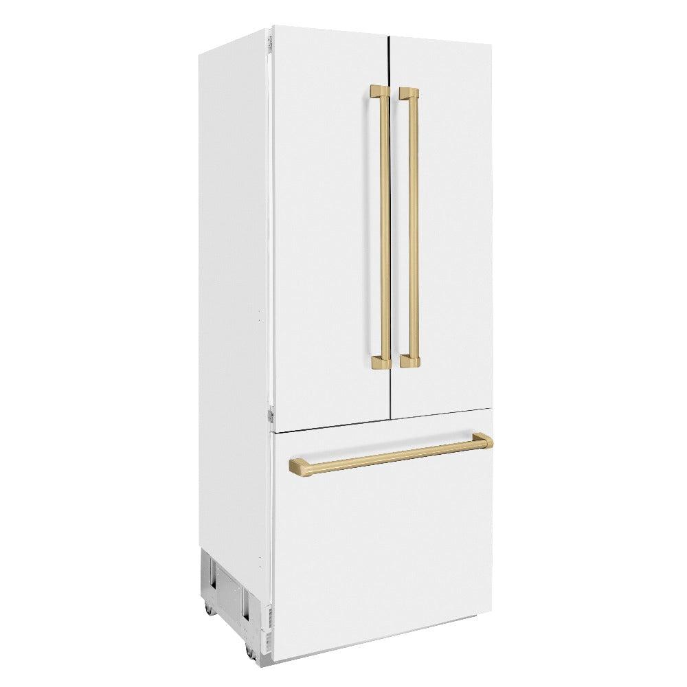 ZLINE Autograph Edition 36 in. 19.6 cu. ft. French Door Built-In Bottom Freezer Refrigerator with Water Dispenser and Ice Maker in White Matte with Champagne Bronze Accents (RBIVZ-WM-36-CB)