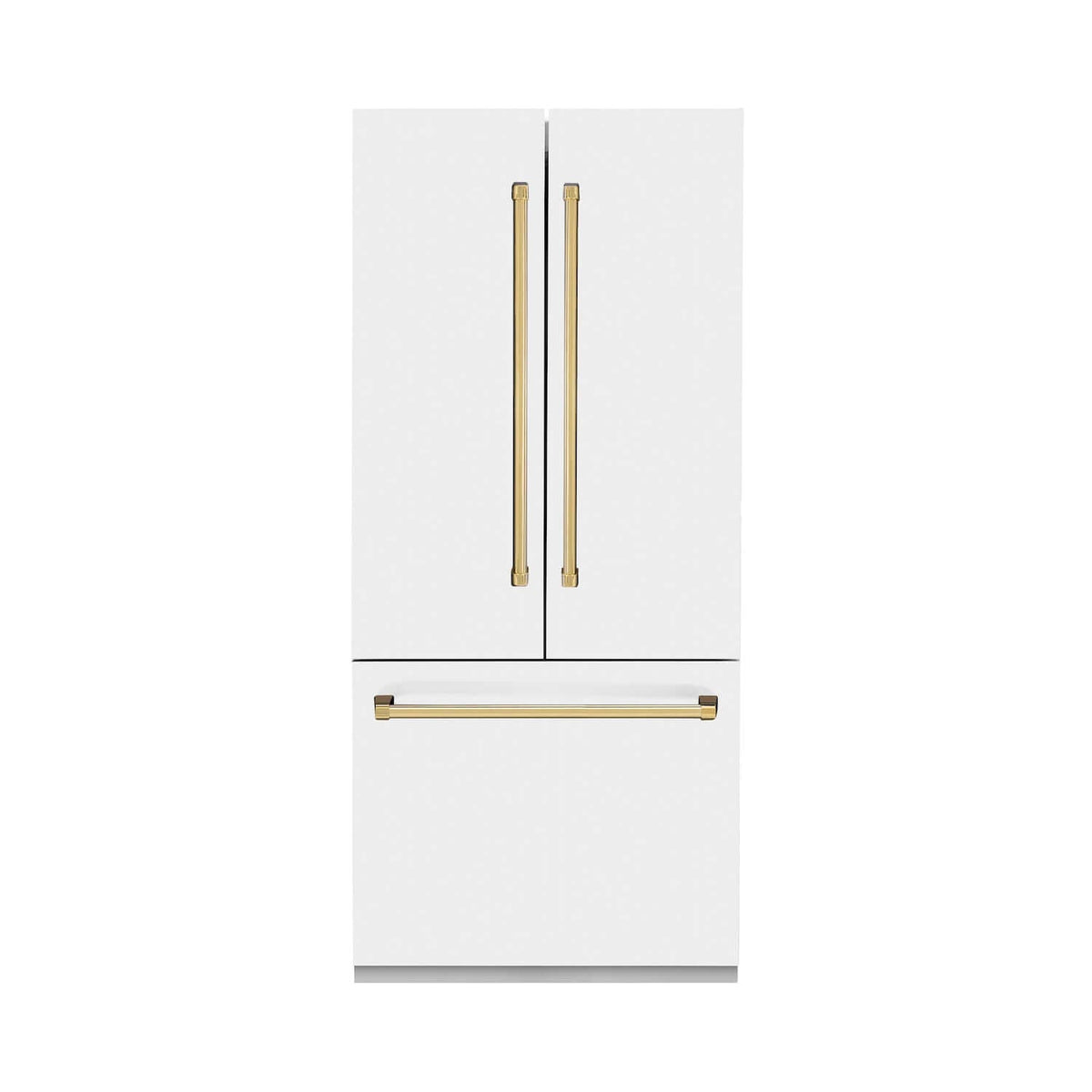 ZLINE Autograph Edition 36 in. 19.6 cu. ft. Built-in 3-Door French Door Refrigerator with Internal Water and Ice Dispenser in White Matte with Polished Gold Accents (RBIVZ-WM-36-G)