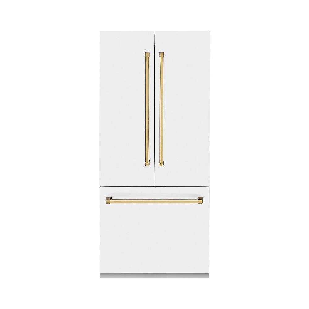 ZLINE Autograph Edition 36 in. 19.6 cu. ft. French Door Built-In Bottom Freezer Refrigerator with Water Dispenser and Ice Maker in White Matte with Polished Gold Accents (RBIVZ-WM-36-G)