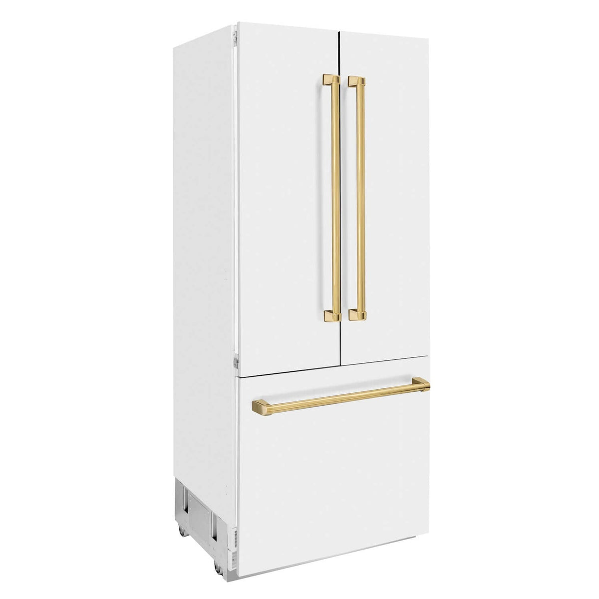 ZLINE Autograph Edition 36 in. 19.6 cu. ft. Built-in 3-Door French Door Refrigerator with Internal Water and Ice Dispenser in White Matte with Polished Gold Accents (RBIVZ-WM-36-G)