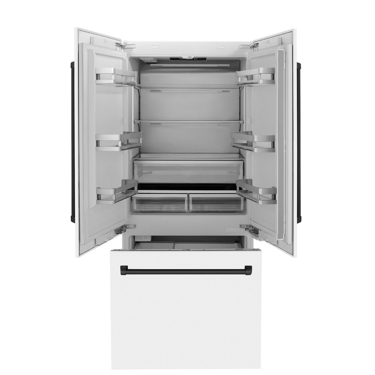 ZLINE Autograph Edition 36 in. 19.6 cu. ft. Built-in 3-Door French Door Refrigerator with Internal Water and Ice Dispenser in White Matte with Matte Black Accents (RBIVZ-WM-36-MB)