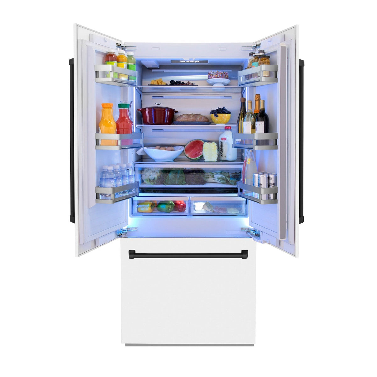 ZLINE Autograph Edition 36 in. 19.6 cu. ft. Built-in 3-Door French Door Refrigerator with Internal Water and Ice Dispenser in White Matte with Matte Black Accents (RBIVZ-WM-36-MB)