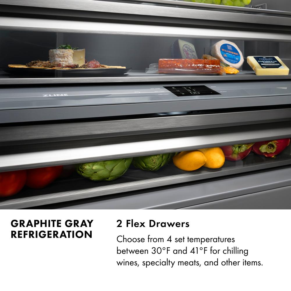 ZLINE Autograph Edition 60 in. 32.2 cu. ft. French Door Built-In Bottom Freezer Refrigerator with Water Dispenser and Ice Maker in DuraSnow® Stainless Steel with Graphite Gray Interior and Polished Gold Accents (GRBIVZ-SN-60-G)