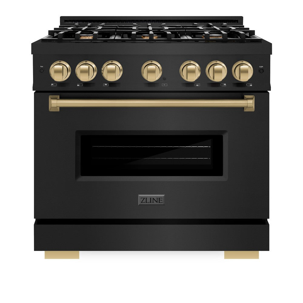ZLINE Autograph Edition 36 in. 5.2 cu. ft. Classic Gas Range with 6 Burner Cooktop and Convection Gas Oven in Black Stainless Steel and Champagne Bronze Accents (CGRBZ-36-CB)