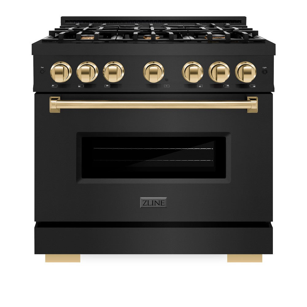 ZLINE Autograph Edition 36 in. 5.2 cu. ft. Classic Gas Range with 6 Burner Cooktop and Convection Gas Oven in Black Stainless Steel and Polished Gold Accents (CGRBZ-36-G)