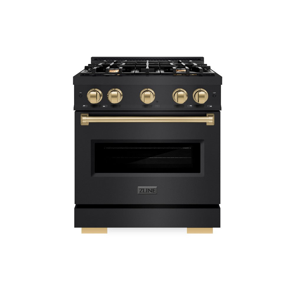 ZLINE Autograph Edition 30 in. 4.2 cu. ft. Classic Dual Fuel Range with 4 Burner Gas Cooktop and Electric Convection Oven in Black Stainless Steel with Champagne Bronze Accents (CDRBZ-30-CB)