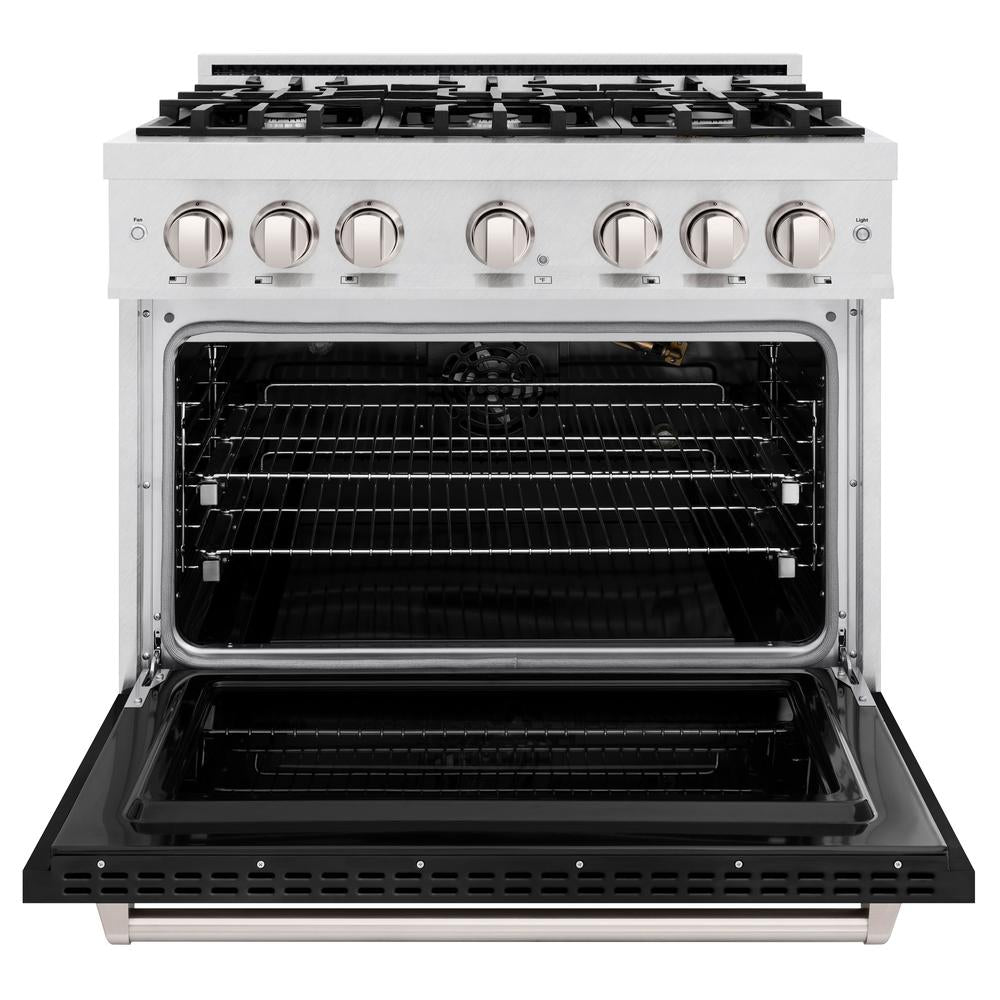 ZLINE 36 in. 5.2 cu. ft. Classic Gas Range with 6 Burner Cooktop and Convection Gas Oven in DuraSnow® Stainless Steel with Black Matte Door (CGRS-BLM-36)