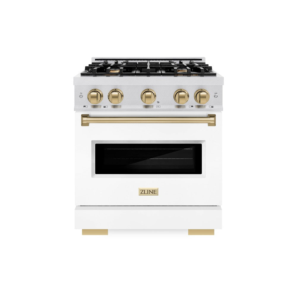 ZLINE Autograph Edition 30 in. 4.2 cu. ft. Classic Dual Fuel Range with 4 Burner Gas Cooktop and Electric Convection Oven in DuraSnow® Stainless Steel with White Matte Door and Champagne Bronze Accents (CDRSZ-WM-30-CB)
