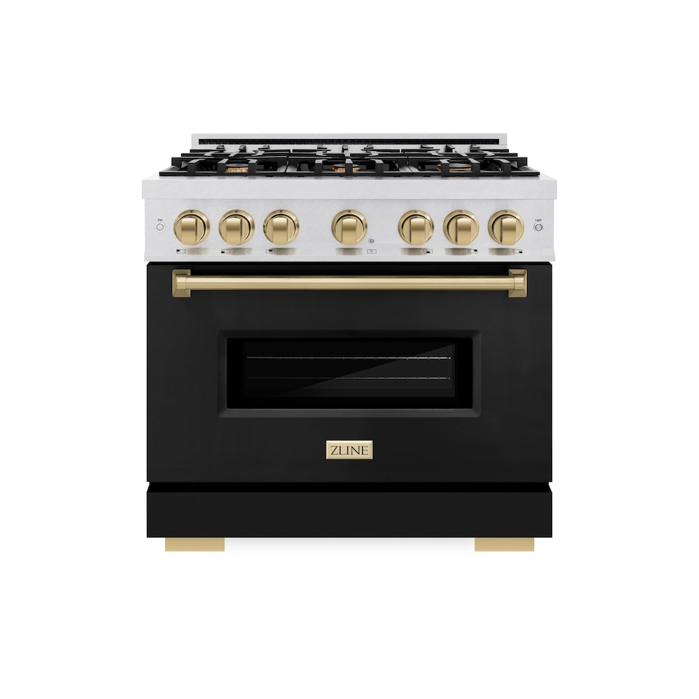 ZLINE Autograph Edition 36 in. 5.2 cu. ft. Classic Dual Fuel Range with 6 Burner Gas Cooktop and Electric Convection Oven in DuraSnow® Stainless Steel with Black Matte Door and Champagne Bronze Accents (CDRSZ-BLM-36-CB)