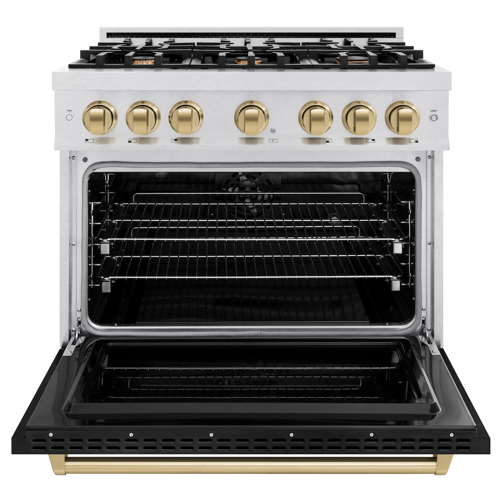 ZLINE Autograph Edition 36 in. 5.2 cu. ft. Classic Dual Fuel Range with 6 Burner Gas Cooktop and Electric Convection Oven in DuraSnow® Stainless Steel with Black Matte Door and Champagne Bronze Accents (CDRSZ-BLM-36-CB)