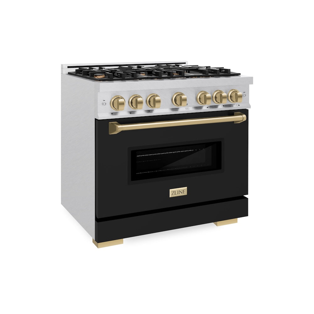 ZLINE Autograph Edition 36 in. 5.2 cu. ft. Classic Dual Fuel Range with 6 Burner Gas Cooktop and Electric Convection Oven in DuraSnow® Stainless Steel with Black Matte Door and Champagne Bronze Accents (CDRSZ-BLM-36-CB)