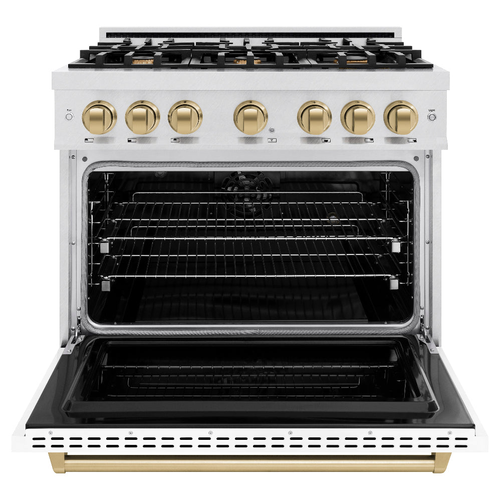 ZLINE Autograph Edition 36 in. 5.2 cu. ft. Classic Dual Fuel Range with 6 Burner Gas Cooktop and Electric Convection Oven in DuraSnow® Stainless Steel with White Matte Door and Champagne Bronze Accents (CDRSZ-WM-36-CB)