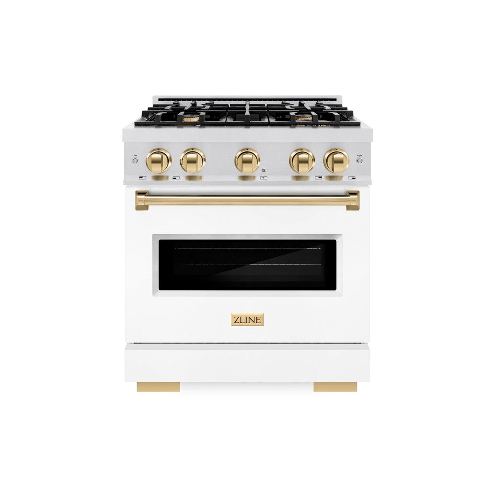 ZLINE Autograph Edition 30 in. 4.2 cu. ft. Classic Dual Fuel Range with 4 Burner Gas Cooktop and Electric Convection Oven in DuraSnow® Stainless Steel with White Matte Door and Polished Gold Accents (CDRSZ-WM-30-G)