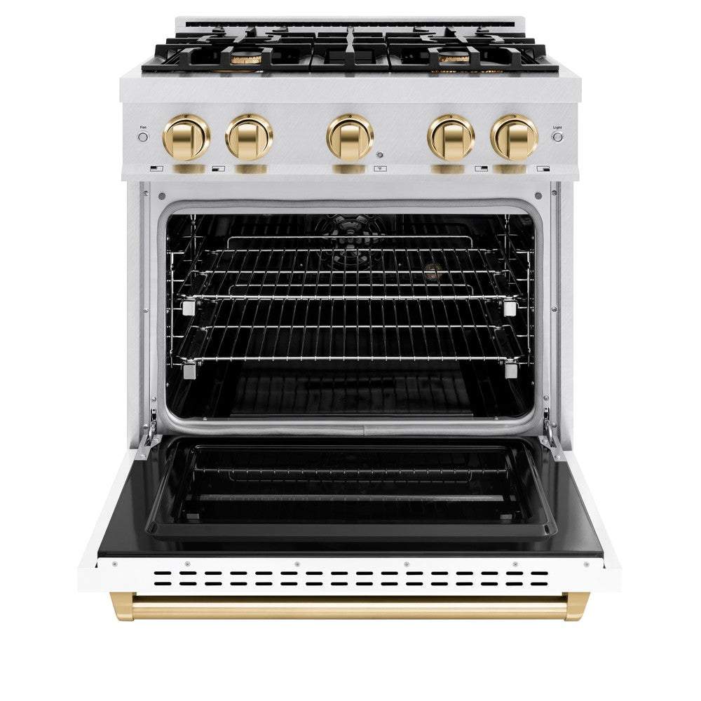ZLINE Autograph Edition 30 in. 4.2 cu. ft. Classic Dual Fuel Range with 4 Burner Gas Cooktop and Electric Convection Oven in DuraSnow® Stainless Steel with White Matte Door and Polished Gold Accents (CDRSZ-WM-30-G)