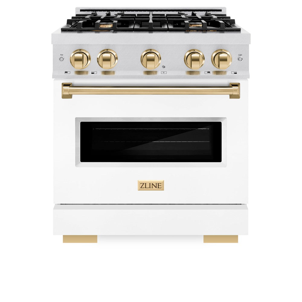 ZLINE Autograph Edition 30 in. 4.2 cu. ft. Classic Dual Fuel Range with 4 Burner Gas Cooktop and Electric Convection Oven in DuraSnow® Stainless Steel with White Matte Door and Polished Gold Accents (CDRSZ-WM-30-G)