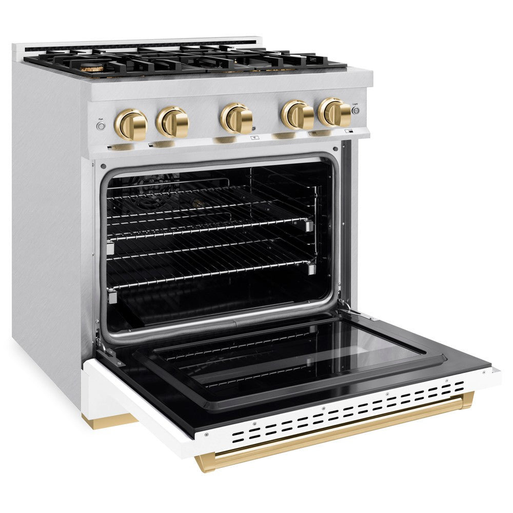 ZLINE Autograph Edition 30 in. 4.2 cu. ft. Classic Dual Fuel Range with 4 Burner Gas Cooktop and Electric Convection Oven in DuraSnow® Stainless Steel with White Matte Door and Polished Gold Accents (CDRSZ-WM-30-G)