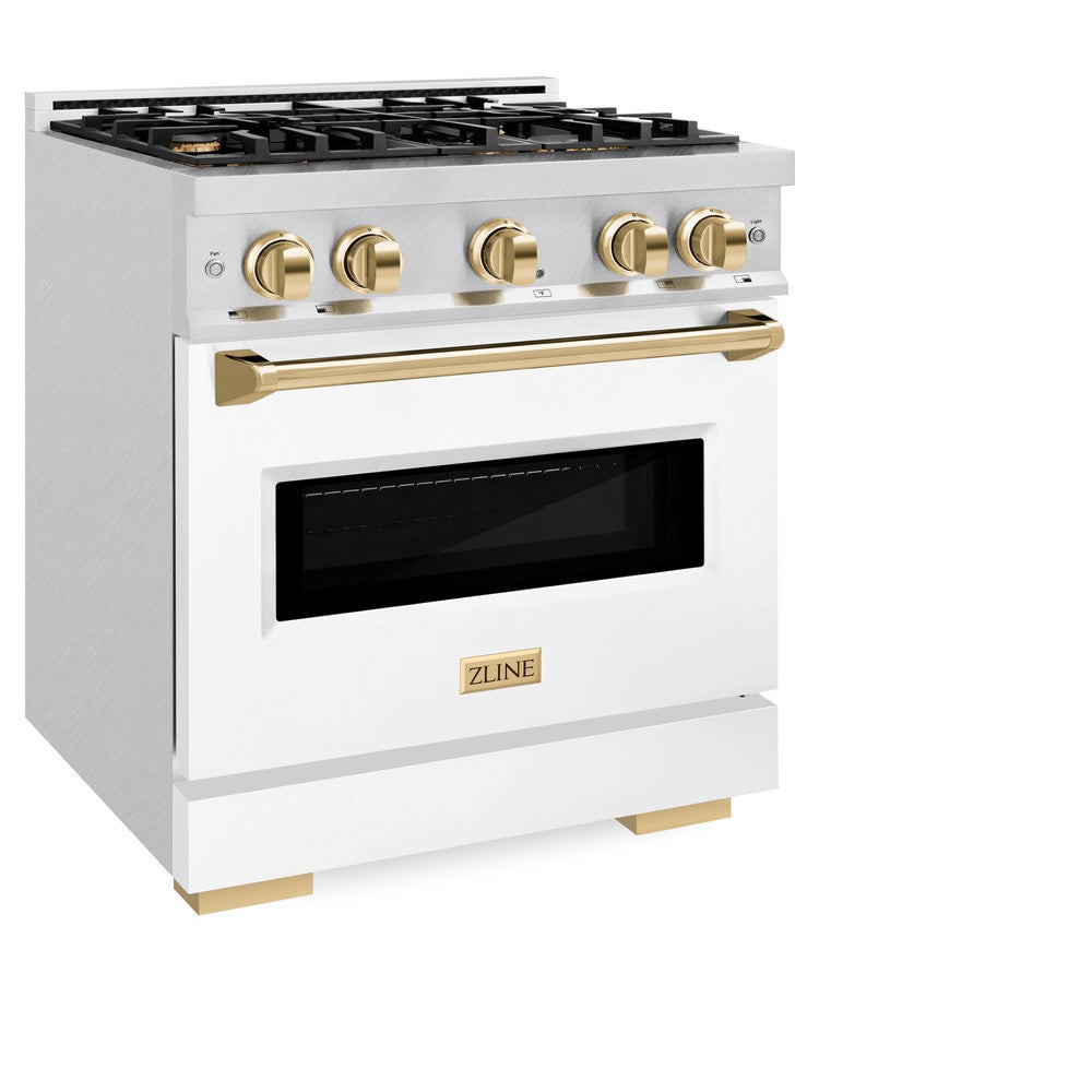 ZLINE Autograph Edition 30 in. 4.2 cu. ft. Classic Dual Fuel Range with 4 Burner Gas Cooktop and Electric Convection Oven in DuraSnow® Stainless Steel with White Matte Door and Polished Gold Accents (CDRSZ-WM-30-G)