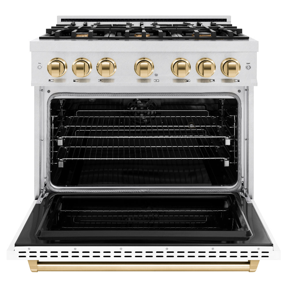ZLINE Autograph Edition 36 in. 5.2 cu. ft. Classic Dual Fuel Range with 6 Burner Gas Cooktop and Electric Convection Oven in DuraSnow® Stainless Steel with White Matte Door and Polished Gold Accents (CDRSZ-WM-36-G)