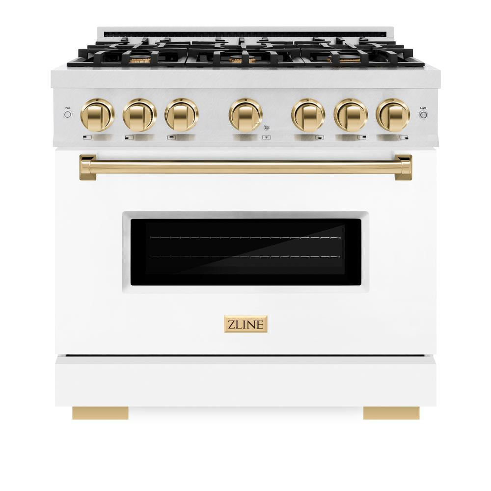 ZLINE Autograph Edition 36 in. 5.2 cu. ft. Classic Dual Fuel Range with 6 Burner Gas Cooktop and Electric Convection Oven in DuraSnow® Stainless Steel with White Matte Door and Polished Gold Accents (CDRSZ-WM-36-G)