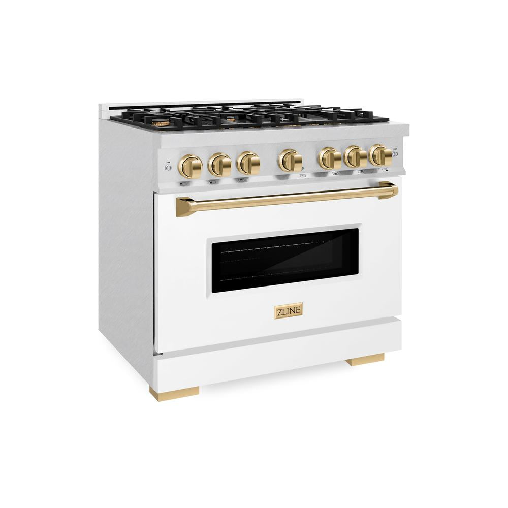 ZLINE Autograph Edition 36 in. 5.2 cu. ft. Classic Dual Fuel Range with 6 Burner Gas Cooktop and Electric Convection Oven in DuraSnow® Stainless Steel with White Matte Door and Polished Gold Accents (CDRSZ-WM-36-G)